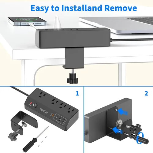 Vista 6 de Regleta de alimentación con abrazadera de escritorio con carga rápida PD de 20 W, cable de extensión de enchufe plano de 10 pies, regleta