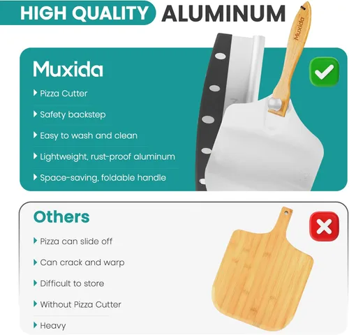 Vista 7 de Juego de cortadores de aluminio para pizza (12 x 14 pulgadas), pala de pizza de acero inoxidable de alta calidad con mango de madera plegable