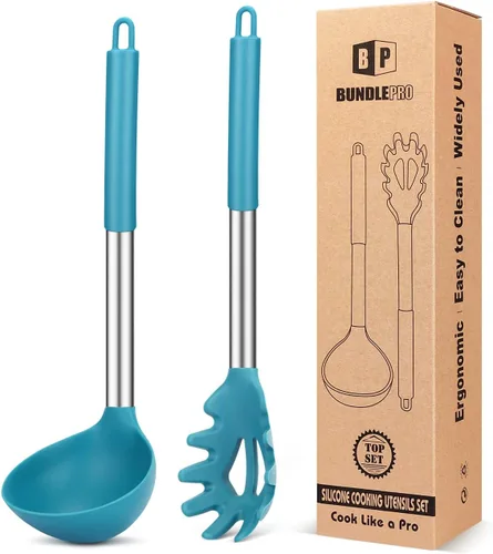 Vista 14 de Set de tenedor de pasta y cucharón de silicona, utensilios de cocina grandes antiadherentes para cocinar, remover, servir espaguetis, sopa, salsa