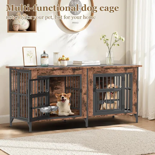 Vista 5 de Mueble de jaula para perros, jaula doble para perros con parte superior de almacenamiento y cuencos giratorios para alimentos, perrera decorativa