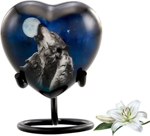 Vista 8 de Midnight Wolves - Urna de recuerdo de 3 lobos, mini urna de cremación para cenizas, urna de lobos aullando en la luna para compartir - Urna de lobo