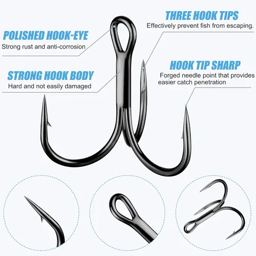 Vista 2 de Treble Fishing Hooks, 110pcs Super Sharp Triple Fish Hook Classic Round Bend High Carbon Steel Treble Hooks Barbed for Catfish Bass Trout Freshwater
