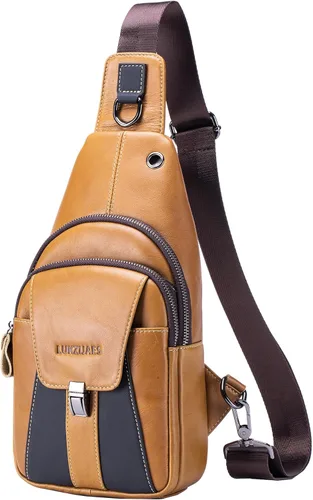 LUKZIJAES Bolso bandolera de cuero genuino para hombre, marrón (#2-Brown)