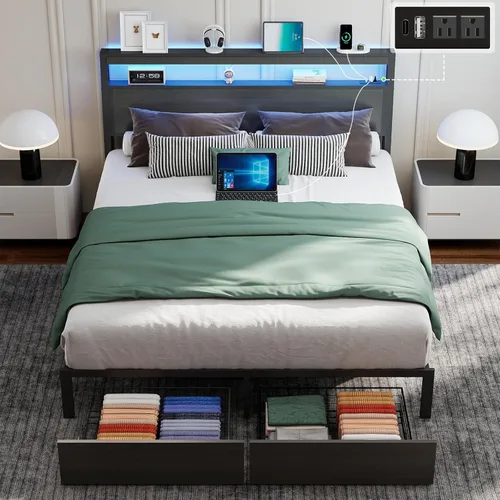 Vista 10 de SADENICEL Base de cama Queen con cabecera de almacenamiento y 2 cajones, marco de cama de plataforma de metal con luz LED, estación de carga,