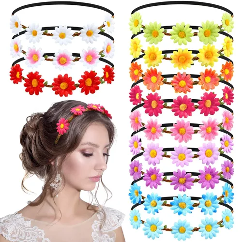 24 diademas de flores para mujer, coronas florales hippie elásticas, recuerdos de baby shower, decoraciones de corona de hadas, tocado bohemio de