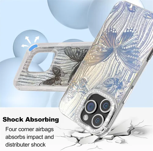 Vista 133 de I-MGAE-IN-AR - Funda diseñada para iPhone 12 y 12 Pro, diseño de mariposa plateada brillante, funda protectora de poliuretano termoplástico, suave