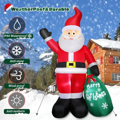 Vista 4 de Thanger - Papá Noel inflable navideño de 7 pies con bolsa de regalo verde, luces LED integradas, decoración navideña para interior y exterior