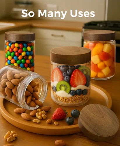 Vista 5 de Paquete de 6 recipientes de avena de 16 onzas con tapas, tarros de vidrio con tapas herméticas de madera de acacia, tarros de almacenamiento de boca