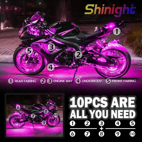 Vista 2 de SHINIGHT - Juego de 10 luces LED para motocicleta, control por aplicación, tira de luces impermeables multicolor con control remoto RF