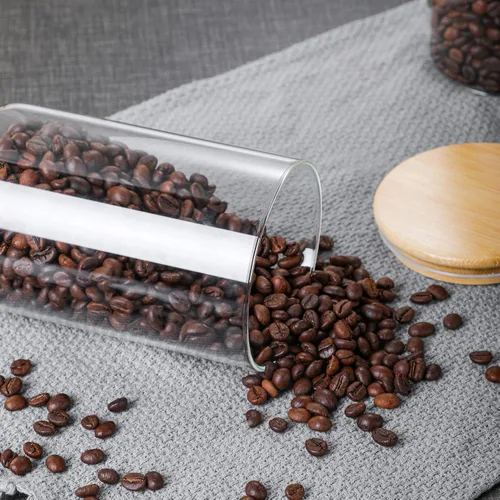 Vista 7 de MOLFUJ Contenedor de almacenamiento de vidrio de 18.6 fl oz / 18 onzas líquidas con tapa de madera, organizador decorativo transparente apilable