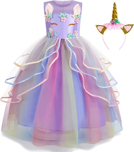 Foierp Princess Unicorn Dress for Girls - Unicorn Costume with Headband Birthday Pageant Halloween Party Dresses Up 3-12Y