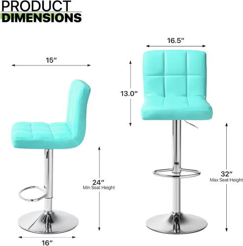 Vista 13 de Magshion Juego de 2 taburetes de bar, modernos taburetes de bar giratorios de piel sintética con espalda, sillas de bar cuadradas ajustables sin
