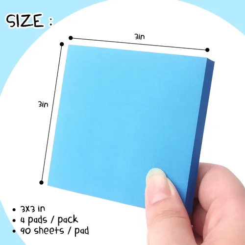 Vista 2 de Sticky Notes - Notas emergentes autoadhesivas de 3 x 3 pulgadas con colores brillantes, fácil de pegar para oficina, escuela, hogar, 4 blocs por Azul