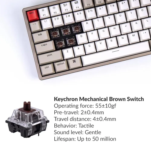 Vista 2 de Keychron Teclado mecánico inalámbrico K2 75% Layout Bluetooth con teclas retro de doble disparocable tipo C, interruptor marrón mecánico Keychron