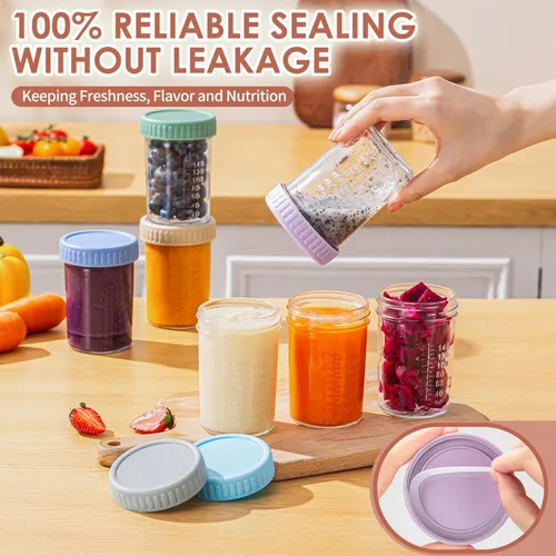 Vista 4 de DRKIO Paquete de 6 recipientes de vidrio para almacenamiento de alimentos para bebés - tarros de comida para bebés de 8 Oz con tapas