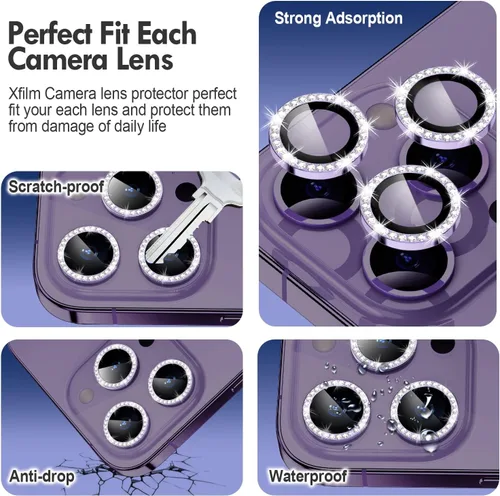 Vista 3 de Xfilm Protector de lente de cámara para iPhone 14 Pro/iPhone 14 Pro Max, dureza 9H, protector de anillo de diamante individual de metal a prueba