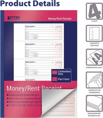 Vista 3 de Better Office Products Libros de dinero en efectivo y recibos de alquiler, paquete de 4, tamaño grande, 2 partes sin carbono