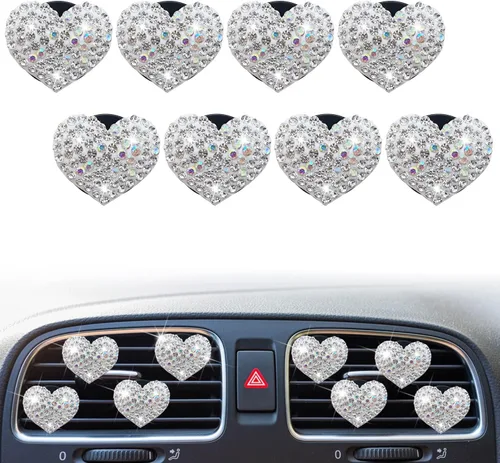 Vista 7 de 8 clips de ventilación con forma de corazón brillante, ambientadores de coche con forma de corazón de cristal, difusores, diamantes de imitación