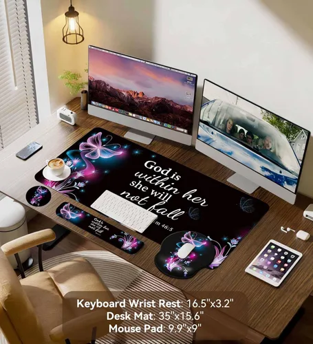 Vista 2 de Juego de alfombrillas de escritorio + teclado y alfombrilla para mouse con soporte para reposamuñecas, alfombrilla grande 4 en 1 para computadora