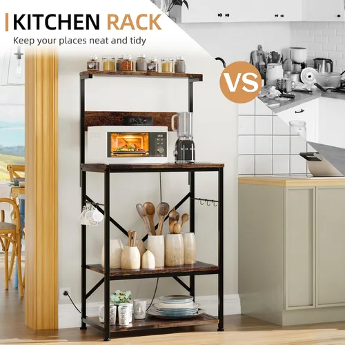 Vista 25 de Shintenchi Estante para panaderos con toma de corriente, gran espacio de almacenamiento, barra de café de 10 ganchos con panel de alambre de metal