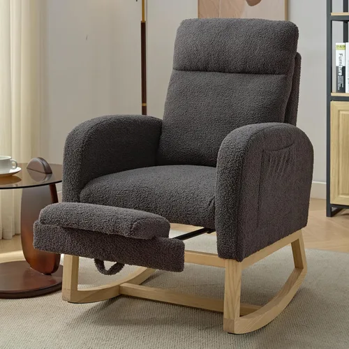 Vista 11 de NIOIIKIT Mecedora Moderna para Guardería, Mecedora Tapizada Teddy con Reposapiés, Cómoda Mecedora Deslizante con Bolsillo Lateral para Sala