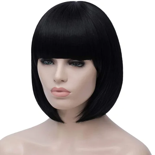 Vista 4 de Peluca de pelo corto Bob con flequillo recto sintético peluca natural como pelo real 12 pulgadas
