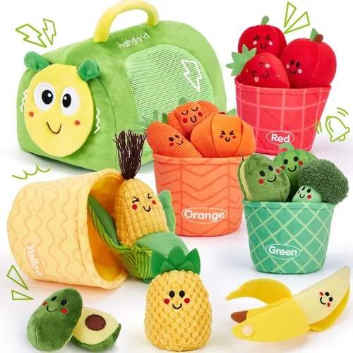hahaland Juguetes Montessori para niños de 1 año – 17 piezas de juguetes sensoriales My First Fruit Vegetable Sensory Toys Color Sorting Plush Play