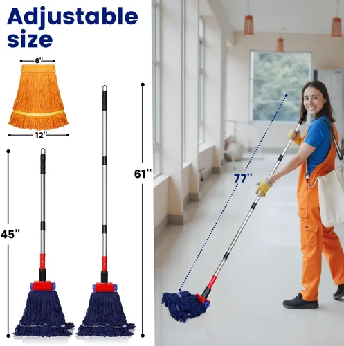 Vista 2 de Trapeador comercial resistente con mango largo de 77 pulgadas, trapeador húmedo con 2 cabezales para limpieza del hogar, garaje, oficina