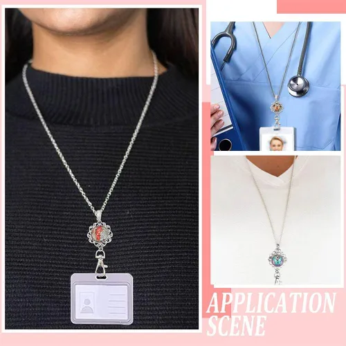 Vista 5 de SUNNYCLUE Cordón para credencial de identificación, 1 caja, 6 piezas, 3 juegos de cadena de collar de acero inoxidable y dijes de base de botón a