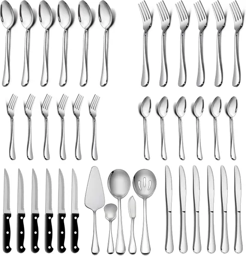 LIANYU Juego de cubiertos de 41 piezas con cuchillos para carne y utensilios para servir, cubiertos de acero inoxidable para 6, utensilios de comida