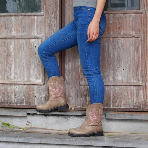 Vista 3 de Hawkwell Botas vaqueras occidentales de media pantorrilla para mujer, punta redonda, bordadas a la moda