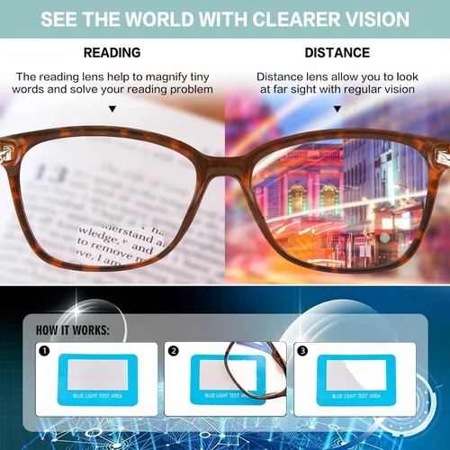Vista 6 de Gafas de lectura bifocales para mujer, luz azul, lectores de computadora, parte superior transparente, marco de ojo de gato, elegante, moda