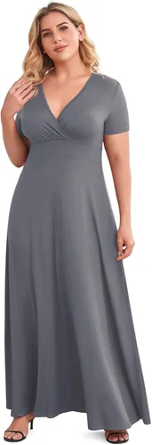 Vista 3 de POSESHE - Maxi-vestido de noche para fiesta para mujer con cuello en V y manga corta