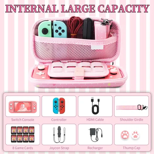 Vista 3 de HYPERCASE Pink Carrying Case for Nintendo Switch Lite, Shockproof Protective Hard Travel Shell with 8 Game Card Slots, Adjustable Shoulder Strap and