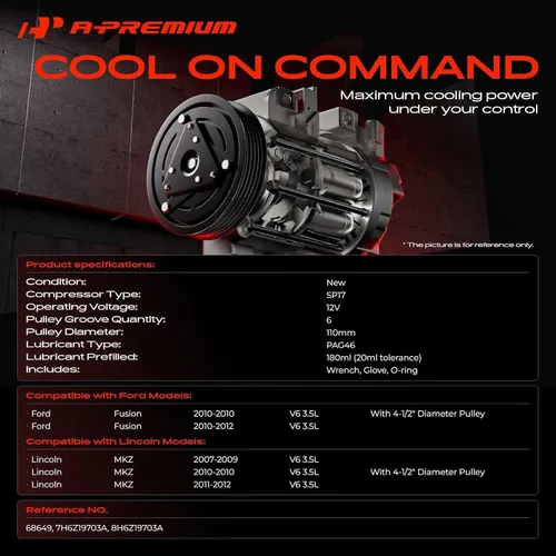 Vista 2 de A-Premium Compresor de aire acondicionado de CA con embrague compatible con Ford Fusion 3.5L 2010-2012, Lincoln MKZ 3.5L 2007-2012, estilo SP17, 6