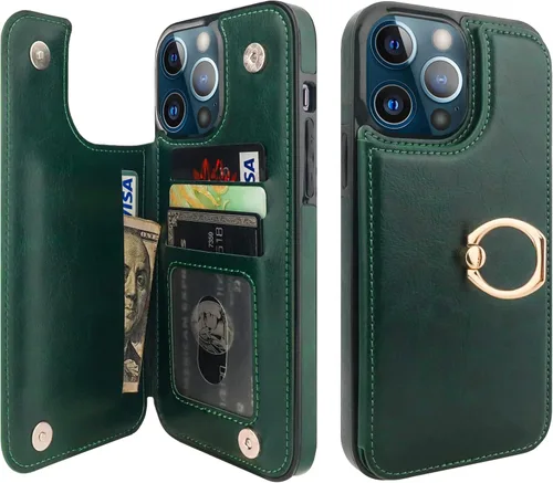 Vista 15 de ONETOP Funda tipo cartera para iPhone 13 Pro Max con soporte para tarjetas, anillo de rotación de 360°, función atril, bloqueo RFID, piel sintética