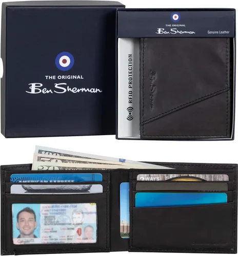 Vista 2 de Ben Sherman Mens Manchester Slim Bifold Full-Grain Leather RFID Minimalist Gift Box Wallet