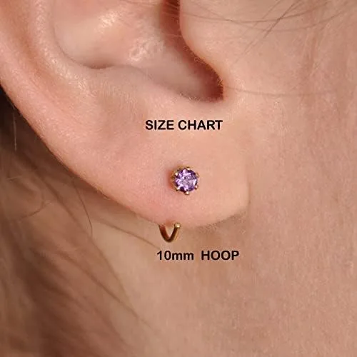 Vista 6 de Aretes de aro de oro con piedra natal para mujer, aretes pequeños para cartílago, hipoalergénicos, con cierre de tornillo, delicado abrazo