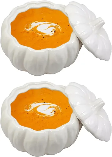 Vista 10 de Ebros Gift Cuenco blanco de cerámica de la calabaza de la cosecha del gres con la tapa 6" diámetro (1)
