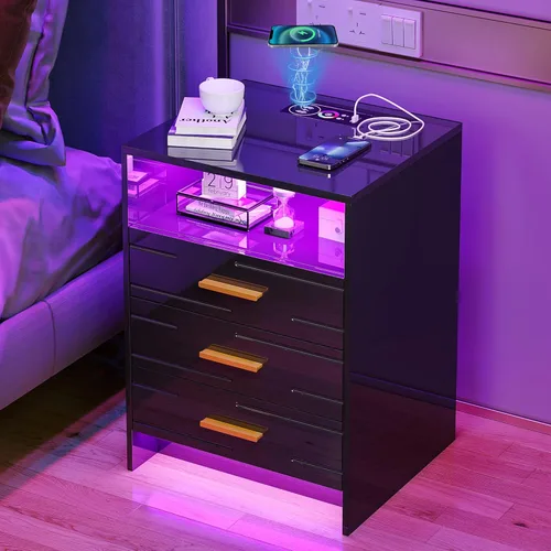 Vista 51 de HNEBC Mesita de noche LED, mesita de noche negra con estación de carga, USB + tipo C + carga inalámbrica, mesita de noche inteligente con sensor