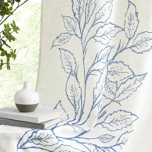 Jubilantex Cortinas de lino con hojas para sala de estar, cortinas semitransparentes de 84 pulgadas de largo para ventana de cocina, color azul