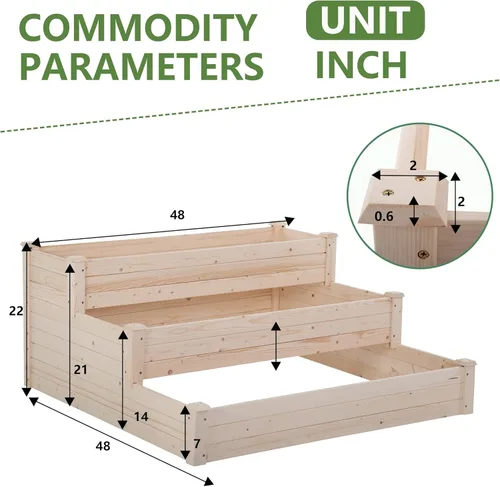 Vista 7 de FDW Jardinera elevada de 3 niveles para exteriores, jardinera de madera de 48 x 48 x 29 pies, con secciones divididas, base abierta para verduras