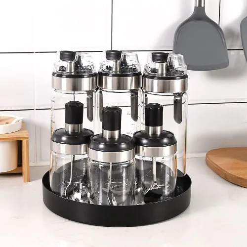 Vista 6 de Bandeja redonda de metal negro para velas, bandeja de servir decorativa para decoraciones modernas de granja en el hogar (7.8")