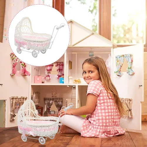 Vista 7 de Cesta de mimbre de mimbre de imitación para cochecito de bebé, con forma de carrito, cesta multiusos de caramelo para baby shower, fiesta
