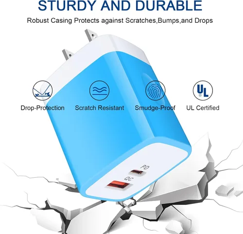 Vista 6 de Cargador de pared USB C, 2 puertos de 20 W, USB A y USB C [PD/QC 3.0], paquete de 3 adaptadores de enchufe de pared USB-C para iPhone