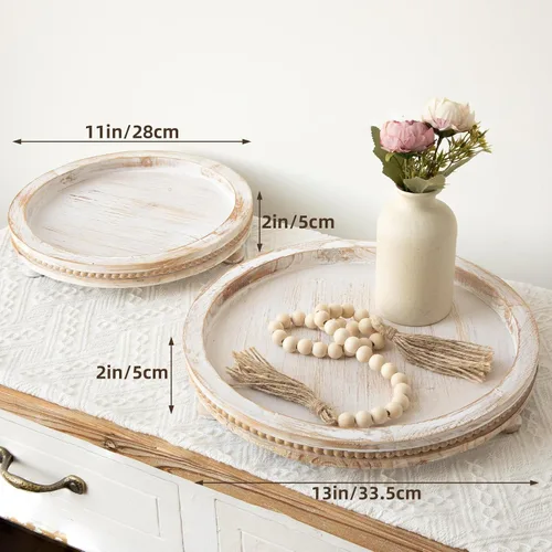 Vista 5 de Juego de 2 bandejas ovaladas de madera con diseño de cuentas, bandeja de decoración de mesa de centro de mesa para sala de estar, bandeja de mesa