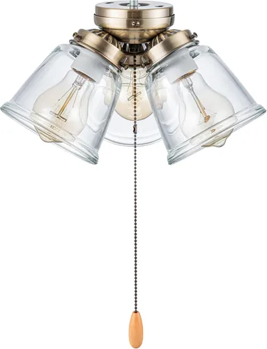 Vista 3 de Aspen Creative 22014-1, Kit de luces para ventilador de techo de tres luces con cadena de tracción, acabado de latón antiguo con pantallas de vidrio