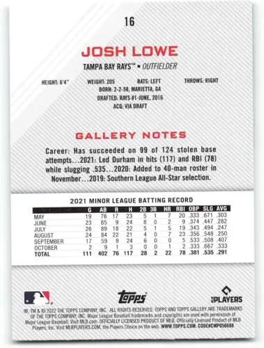 Vista 2 de 2022 TOPPS GALLERY #16 JOSH LOWE RC ROOKIE TAMPA BAY RAYS BASEBALL MLB