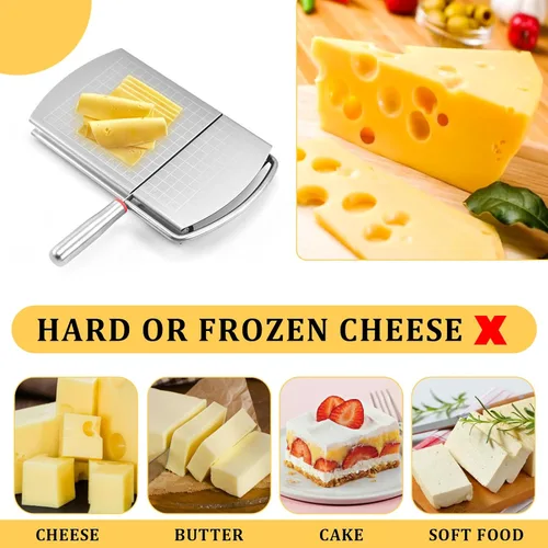 Vista 3 de Cortador de queso para bloque de queso, cortador multifuncional de acero inoxidable con cuchilla, tablero cortador de queso con escala