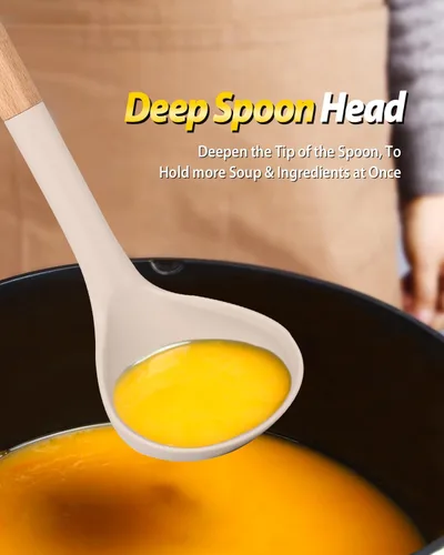 Vista 4 de Juego de tenedor y cucharón de silicona para pasta con mango de madera, utensilios de cocina antiadherentes resistentes al calor para cocinar